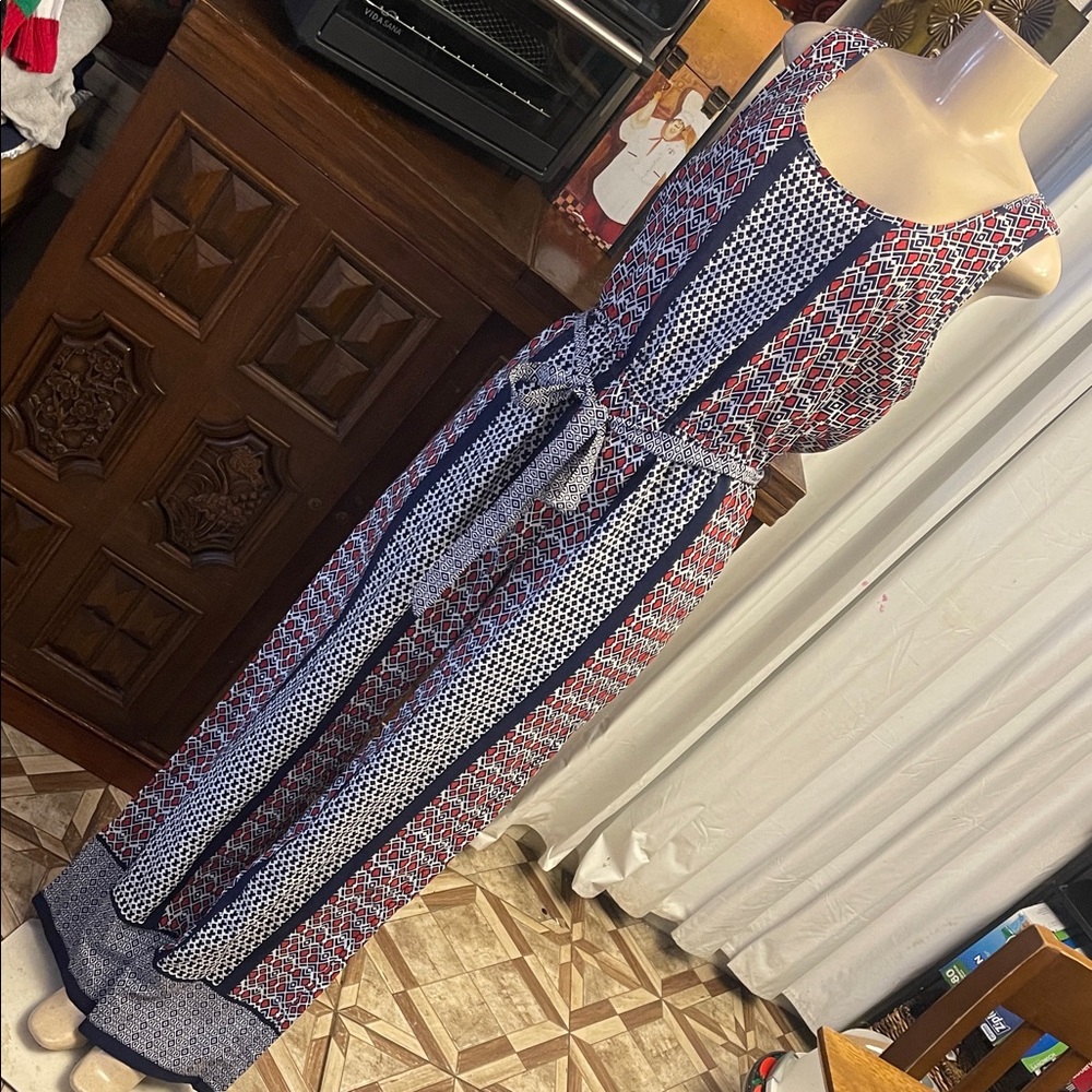 Sleeveless Blue and Red Printed Maxi Dress with Tie Waist